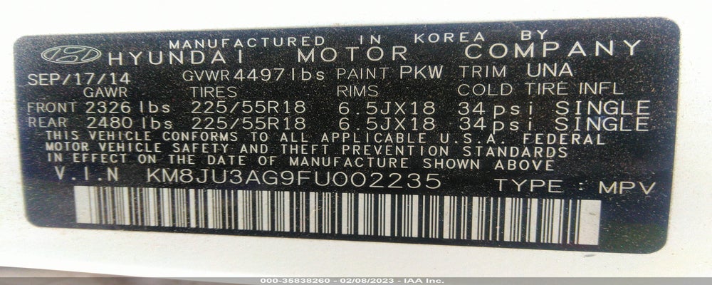 KM8JU3AG9FU002235 2015 HYUNDAI TUCSON photo no. 9
