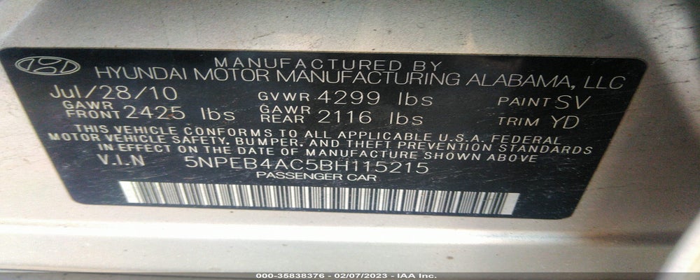 5NPEB4AC5BH115215 2011 HYUNDAI SONATA photo no. 9