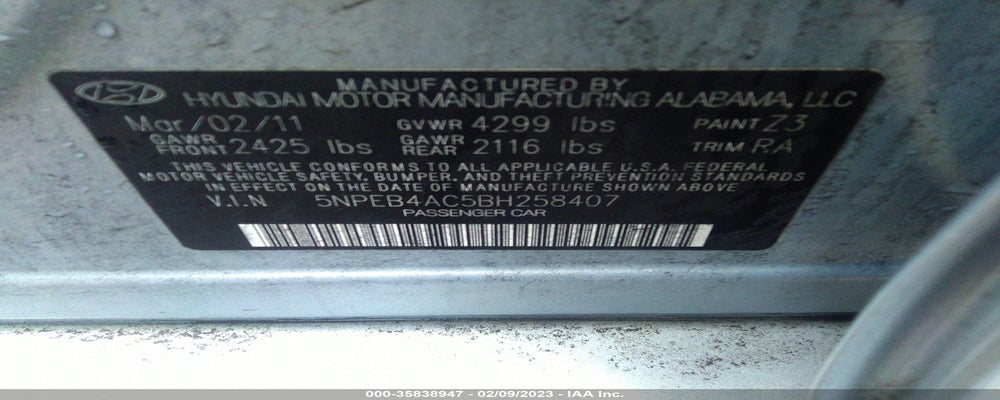 5NPEB4AC5BH258407 2011 HYUNDAI SONATA photo no. 9