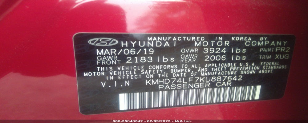 KMHD74LF7KU887642 2019 HYUNDAI ELANTRA photo no. 9