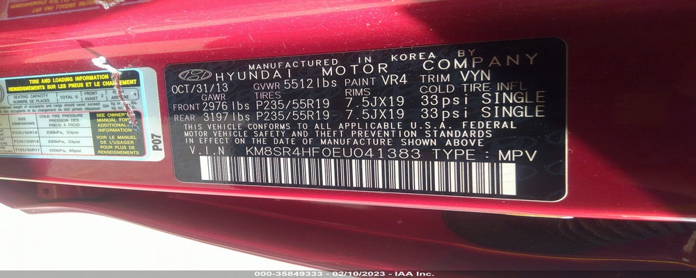 KM8SR4HF0EU041383 2014 HYUNDAI SANTA FE photo no. 9