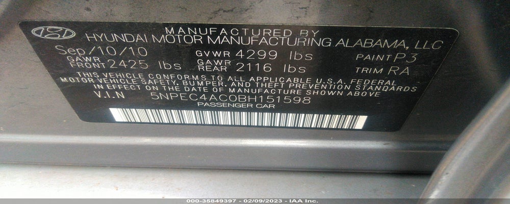 5NPEC4AC0BH151598 2011 HYUNDAI SONATA photo no. 9