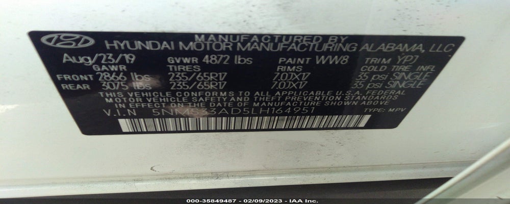 5NMS33AD5LH164951 2020 HYUNDAI SANTA FE photo no. 9