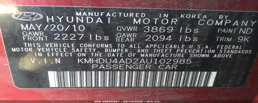 KMHDU4AD2AU102985 2010 HYUNDAI ELANTRA photo no. 9