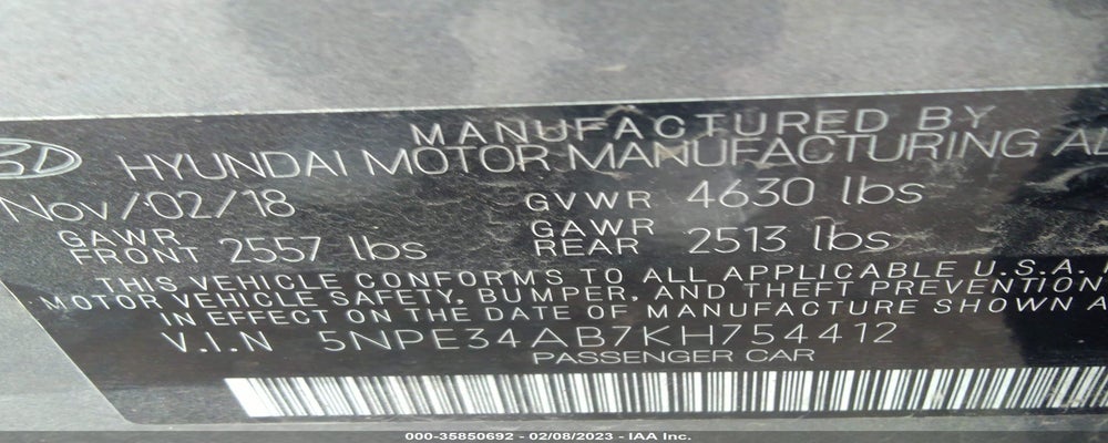 5NPE34AB7KH754412 2019 HYUNDAI SONATA photo no. 9