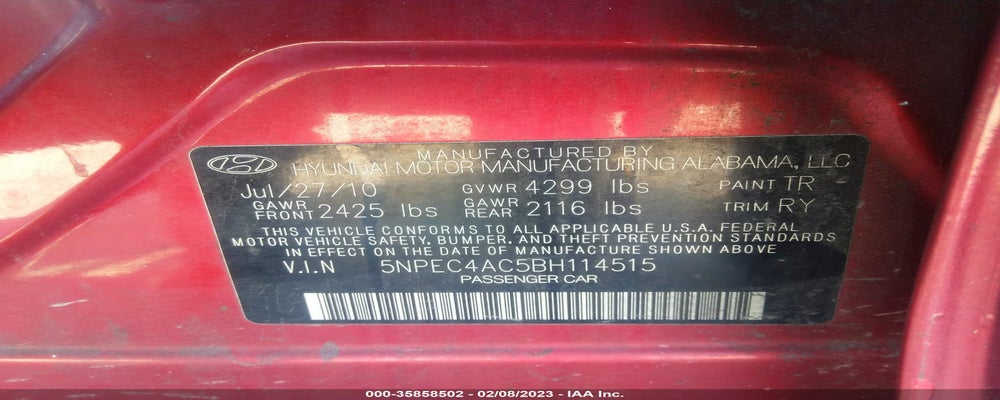 5NPEC4AC5BH114515 2011 HYUNDAI SONATA photo no. 9