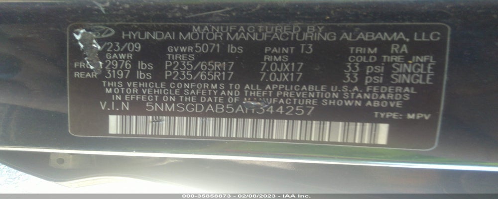 5NMSGDAB5AH344257 2010 HYUNDAI SANTA FE photo no. 9