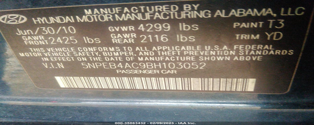 5NPEB4AC9BH103052 2011 HYUNDAI SONATA photo no. 9