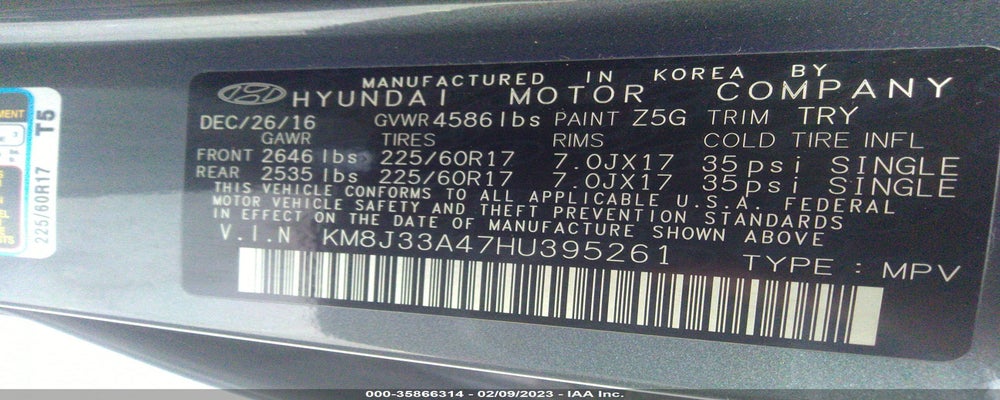 KM8J33A47HU395261 2017 HYUNDAI TUCSON photo no. 9