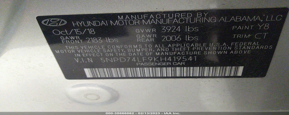 5NPD74LF9KH419541 2019 HYUNDAI ELANTRA photo no. 9