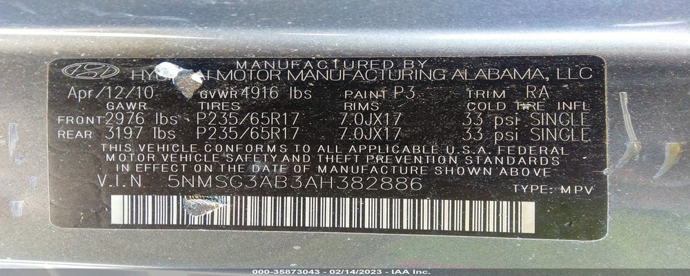 5NMSG3AB3AH382886 2010 HYUNDAI SANTA FE photo no. 9