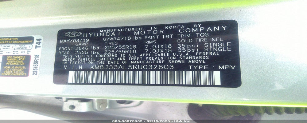 KM8J33AL5KU032603 2019 HYUNDAI TUCSON photo no. 9