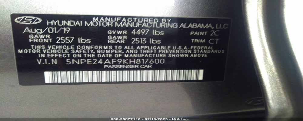 5NPE24AF9KH817600 2019 HYUNDAI SONATA photo no. 9