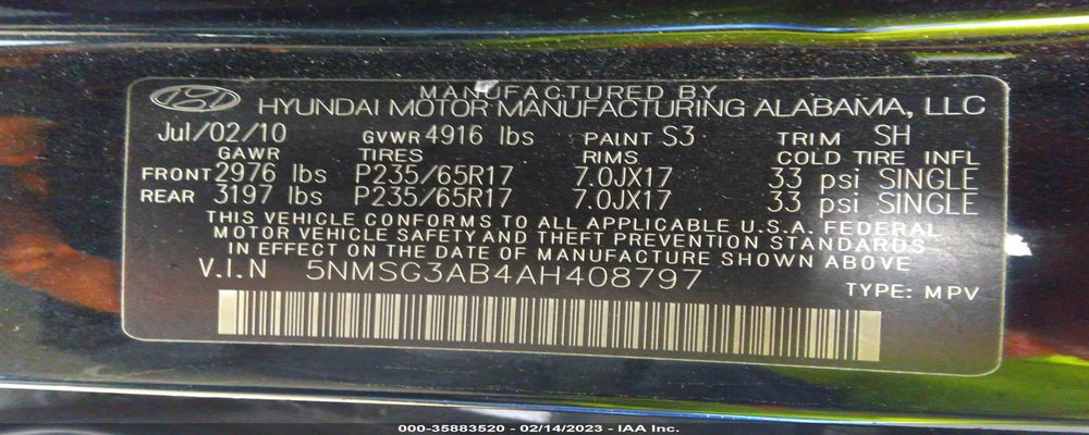 5NMSG3AB4AH408797 2010 HYUNDAI SANTA FE photo no. 9