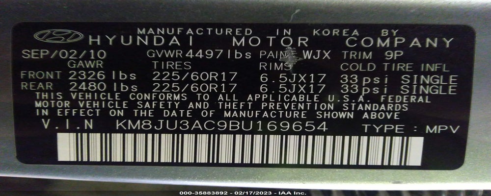 KM8JU3AC9BU169654 2011 HYUNDAI TUCSON photo no. 9