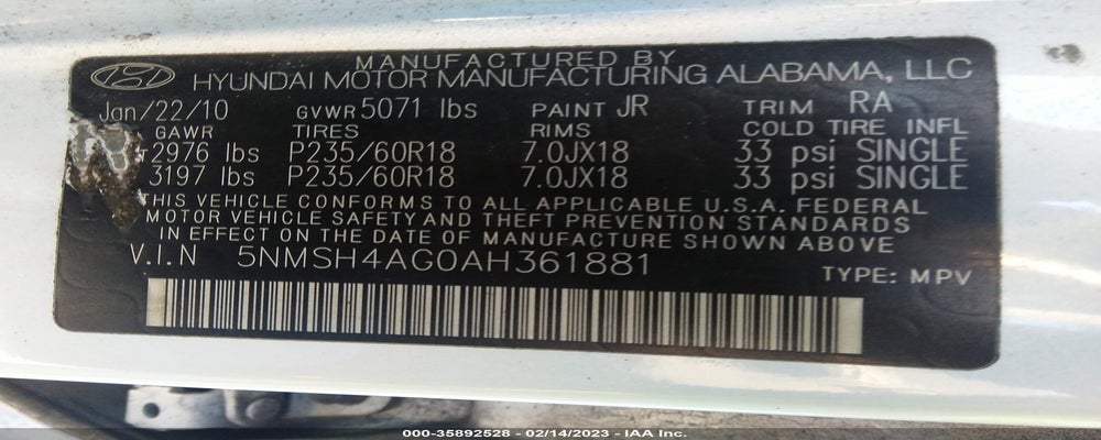 5NMSH4AG0AH361881 2010 HYUNDAI SANTA FE photo no. 9