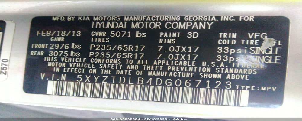5XYZTDLB4DG067123 2013 HYUNDAI SANTA FE photo no. 9