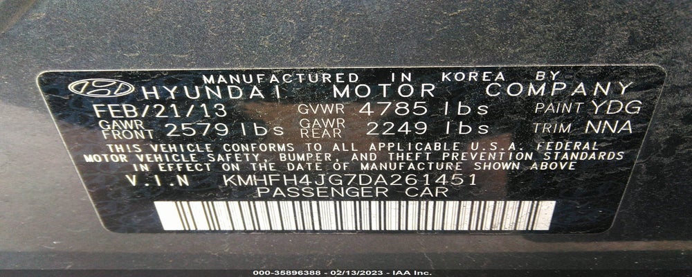 KMHFH4JG7DA261451 2013 HYUNDAI AZERA photo no. 9