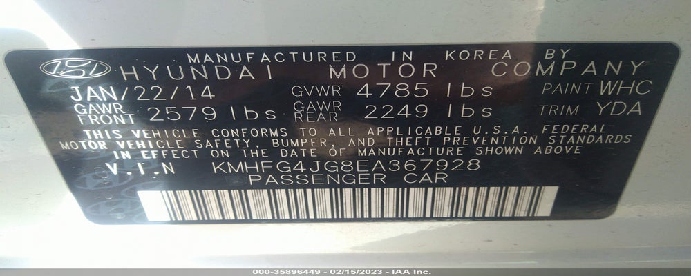 KMHFG4JG8EA367928 2014 HYUNDAI AZERA photo no. 9