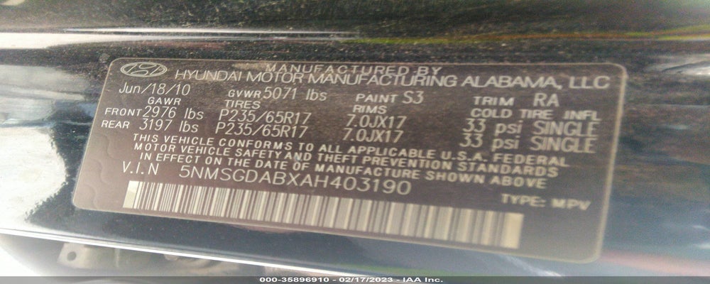 5NMSGDABXAH403190 2010 HYUNDAI SANTA FE photo no. 9