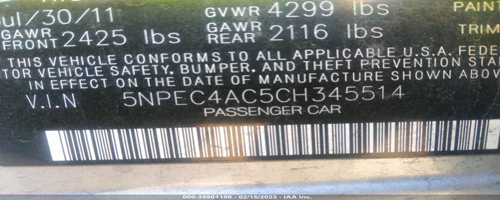 5NPEC4AC5CH345514 2012 HYUNDAI SONATA photo no. 9