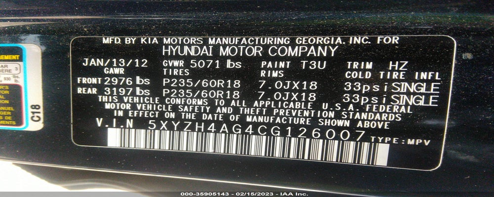 5XYZH4AG4CG126007 2012 HYUNDAI SANTA FE photo no. 9