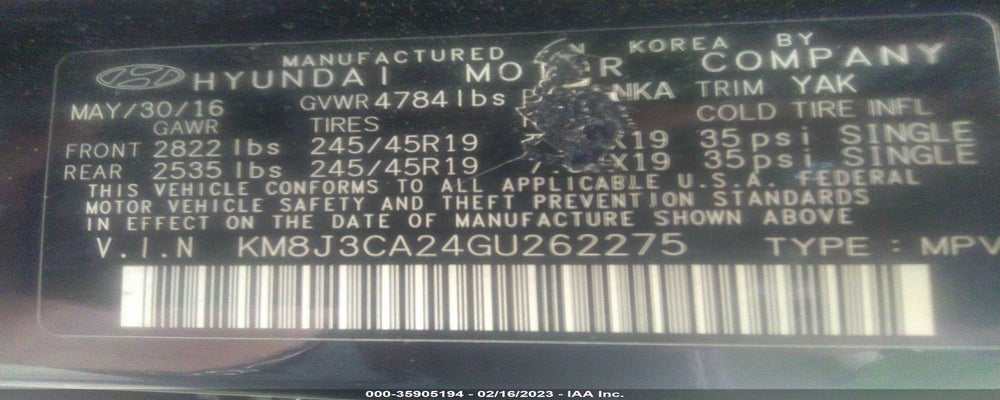KM8J3CA24GU262275 2016 HYUNDAI TUCSON photo no. 9