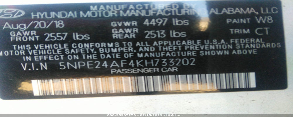 5NPE24AF4KH733202 2019 HYUNDAI SONATA photo no. 9