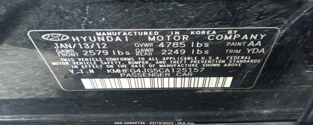 KMHFG4JG5CA125157 2012 HYUNDAI AZERA photo no. 9