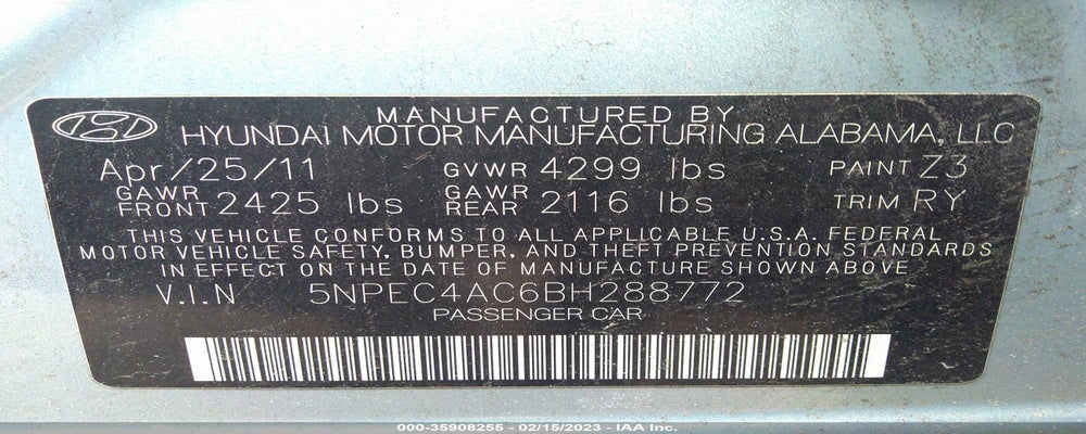 5NPEC4AC6BH288772 2011 HYUNDAI SONATA photo no. 9