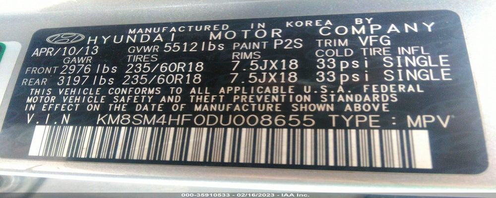 KM8SM4HF0DU008655 2013 HYUNDAI SANTA FE photo no. 9