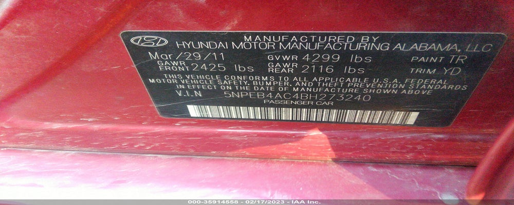 5NPEB4AC4BH273240 2011 HYUNDAI SONATA photo no. 9