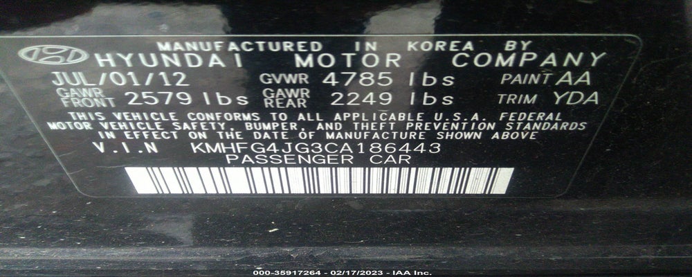 KMHFG4JG3CA186443 2012 HYUNDAI AZERA photo no. 9