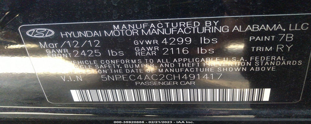 5NPEC4AC2CH491417 2012 HYUNDAI SONATA photo no. 9