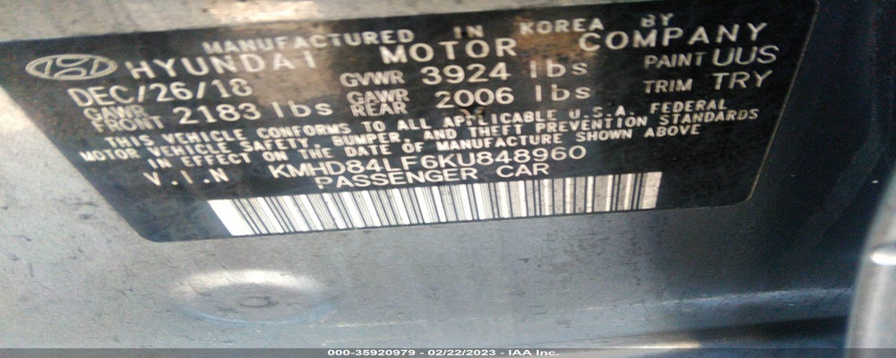 KMHD84LF6KU848960 2019 HYUNDAI ELANTRA photo no. 9