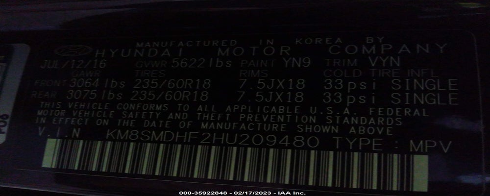 KM8SMDHF2HU209480 2017 HYUNDAI SANTA FE photo no. 9