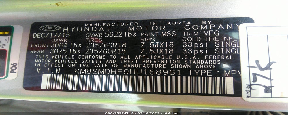 KM8SMDHF9HU168961 2017 HYUNDAI SANTA FE photo no. 9