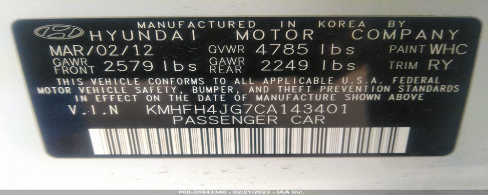 KMHFH4JG7CA143401 2012 HYUNDAI AZERA photo no. 9