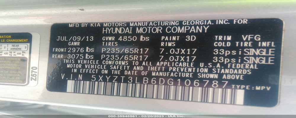 5XYZT3LB6DG106787 2013 HYUNDAI SANTA FE photo no. 9