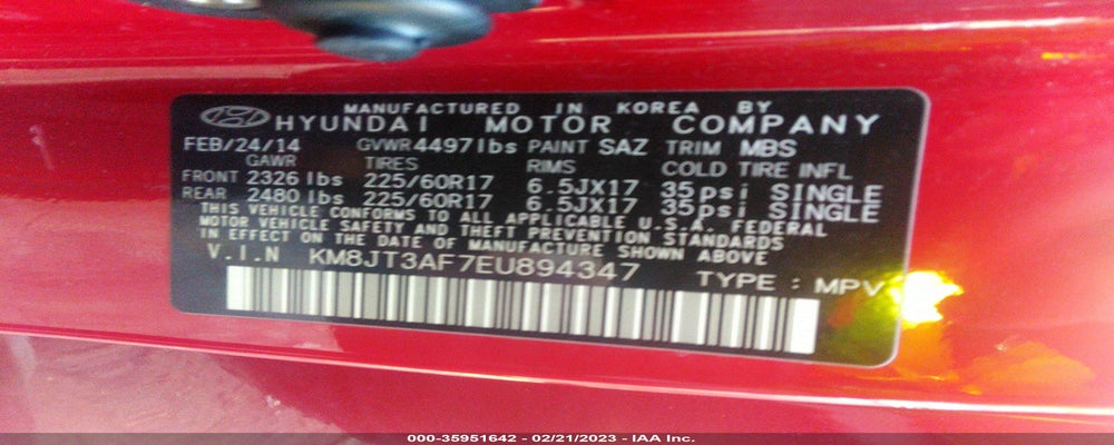 KM8JT3AF7EU894347 2014 HYUNDAI TUCSON photo no. 9