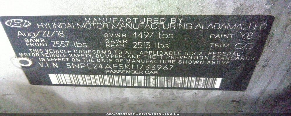 5NPE24AF5KH733967 2019 HYUNDAI SONATA photo no. 9