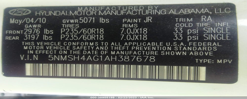 5NMSH4AG1AH387678 2010 HYUNDAI SANTA FE photo no. 9