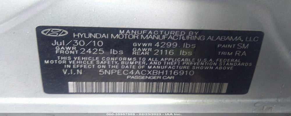5NPEC4ACXBH116910 2011 HYUNDAI SONATA photo no. 9