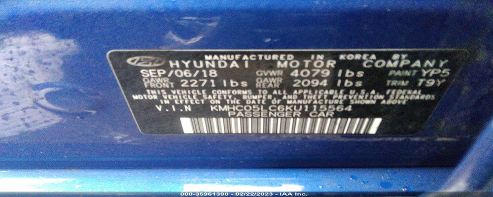 KMHC05LC6KU115564 2019 HYUNDAI IONIQ photo no. 9