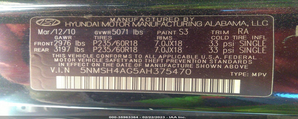 5NMSH4AG5AH375470 2010 HYUNDAI SANTA FE photo no. 9