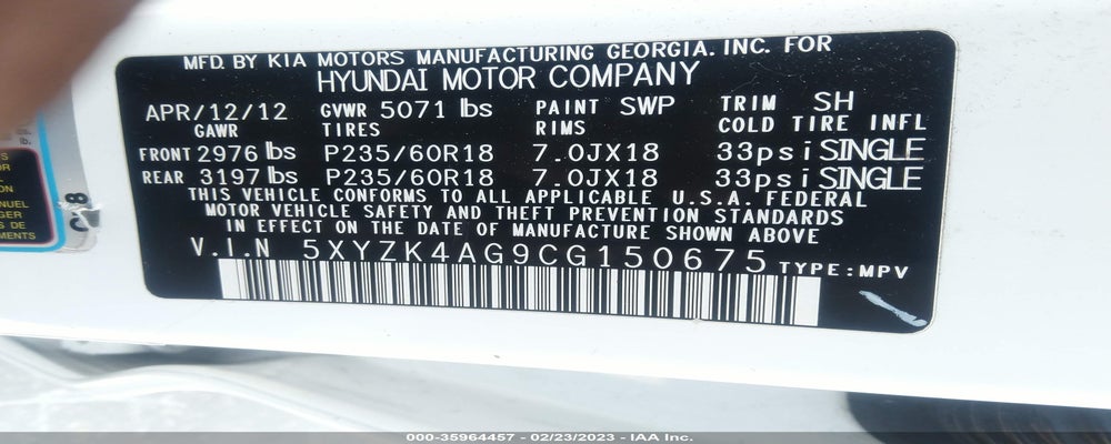 5XYZK4AG9CG150675 2012 HYUNDAI SANTA FE photo no. 9
