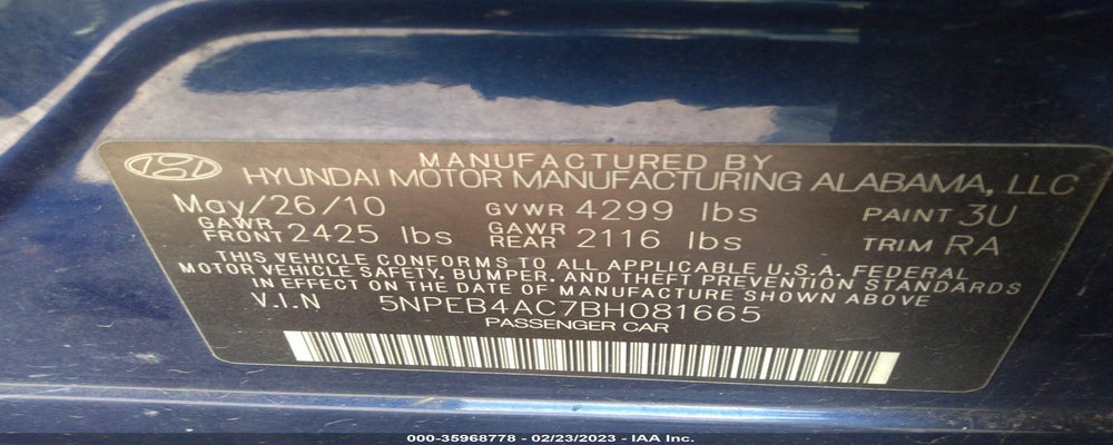 5NPEB4AC7BH081665 2011 HYUNDAI SONATA photo no. 9