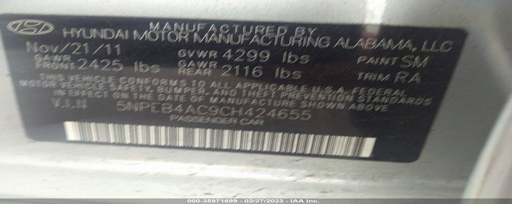 5NPEB4AC9CH424655 2012 HYUNDAI SONATA photo no. 9