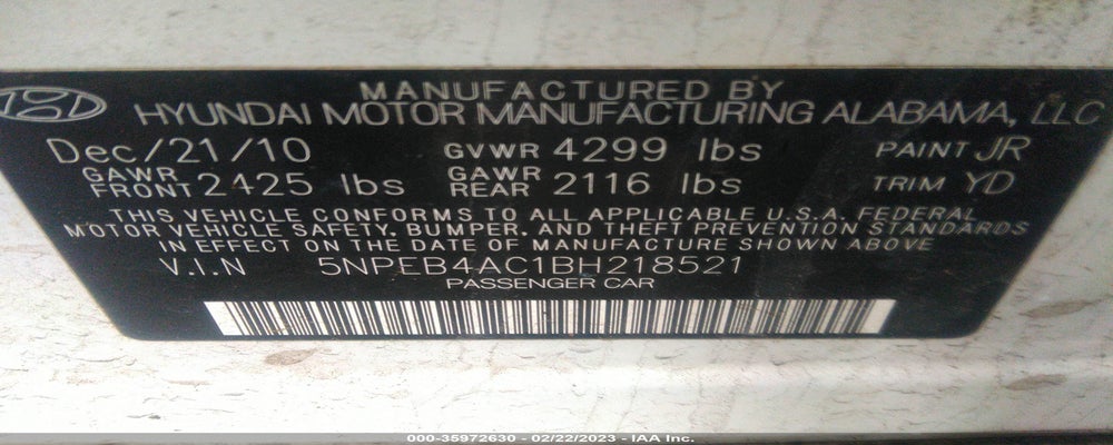5NPEB4AC1BH218521 2011 HYUNDAI SONATA photo no. 9