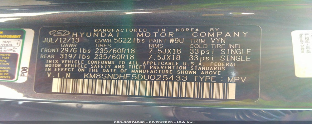 KM8SNDHF5DU025433 2013 HYUNDAI SANTA FE photo no. 9